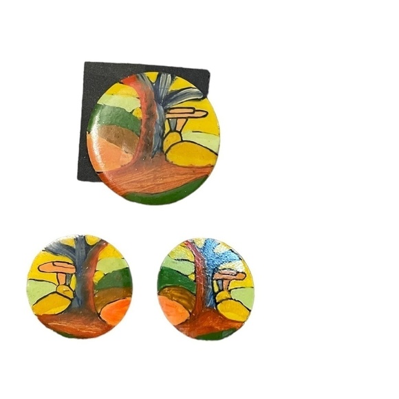 Vintage Tree Circle Enamel Brooch, Earrings Set Studio Art, Tree, Boho